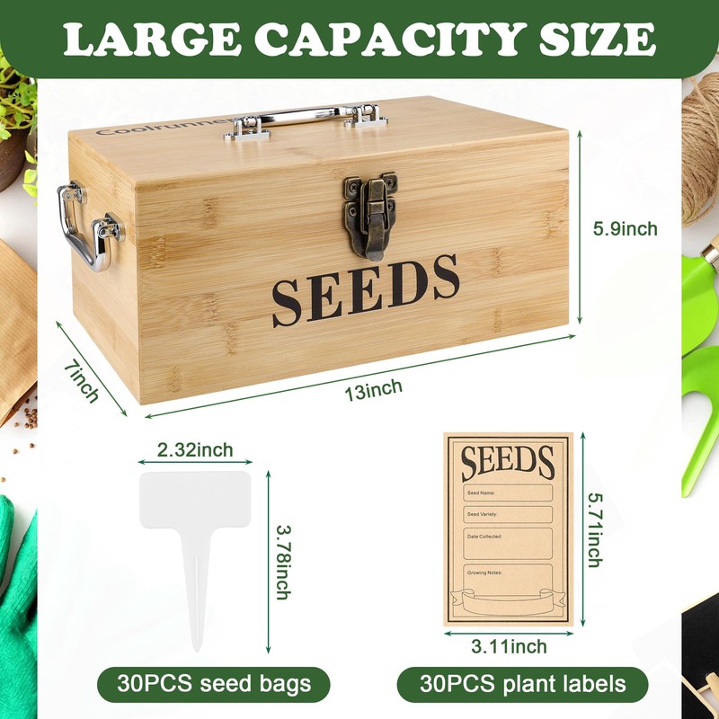 Coolrunner Wood Seed Saving Box, Seed Storage Organizer Case, Seed