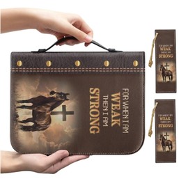 Cadowhimsy Strong Horse Cross Brown Print Faux Leather Bible Covers for Women Men Book Carrying Case with Bookmarks Zippered Bible Carrier Bag Book Protector Christian Bag, L