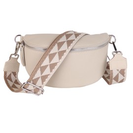 MIRROSI® Women's Bum Bag, Genuine Leather, Made in Italy, Shoulder Bag, Chest Bag, Crossbody Bag (1 Bag & 2 Straps), Beige (Triangle)