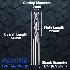 6mm x 22mm Flute x 1/4" Shank Solid Carbide Spiral 2 Flute Up Cut Router Bit for Wood, Hard Wood, PVC & Acrylic