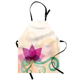 Lunarable Abstract Apron, Fantasy Lotus with Swirl Leaves Blooming Lily Flower Nature, Unisex Kitchen Bib Apron with Adjustable Neck for Cooking Baking Gardening, Peach Fuchsia Almond Green