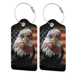 Richugui Bald Eagle USA Flag 2 Pack PU Leather Luggage Tags for Suitcase, Travel Cruise Luggage Tag with Privacy Flap, Name ID Label for Women Men Luggage Handbag School Bag Backpack