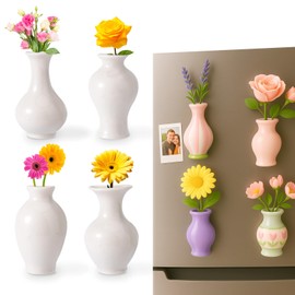 4pcs Ceramic Vase Fridge Magnets, Decorative Tiny 3D Plant Magnets Cute Refrigerator Decoration for Kitchen Office Locker (White)