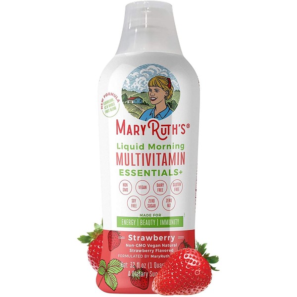 Morning Liquid Multivitamin + Zinc + Elderberry + Organic Whole Food Blend by MaryRuth's (Strawberry) Vitamin A B C D3 E Trace Minerals & Amino Acids 100% Vegan - Men Women Kids 0 Sugar 32oz
