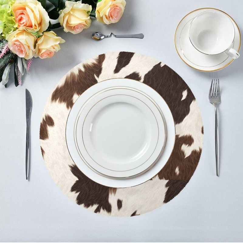 JUZIHAI Brown White Cow Print Placemats 15 Inch Round Polyester