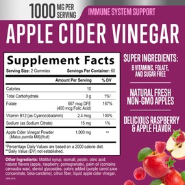 Nature's Nutrition Apple Cider Vinegar Gummies 1000mg for Detox & Cleanse, ACV Gummy Vitamin B12 for Digestion Metabolism & Immune Health Support, Natural Apple Raspberry Flavor, Sugar Free & Vegan - 120 Gummies