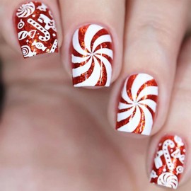 Vopintpy Funny White Candy Swirl Press on Nails Winter Christmas Fake Nails Short Square Glue on Nails with Red Glitter Design Glossy Xmas Stick on Nails for Women DIY Manicure Decoration