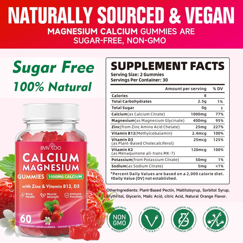 Calcium Gummies 1000mg with Vitamin D3 K2 & B Complex,