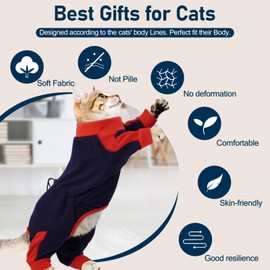 ADNIKIA Cat Pajamas for Cats Only, Sticky Hair Cat Clothes, Long Sleeve Sphynx Clothes, Anti-Licking or Skin Disease Recovery Suit for Female Cats, Kitten Onesie Pajamas, DarkBlue, S