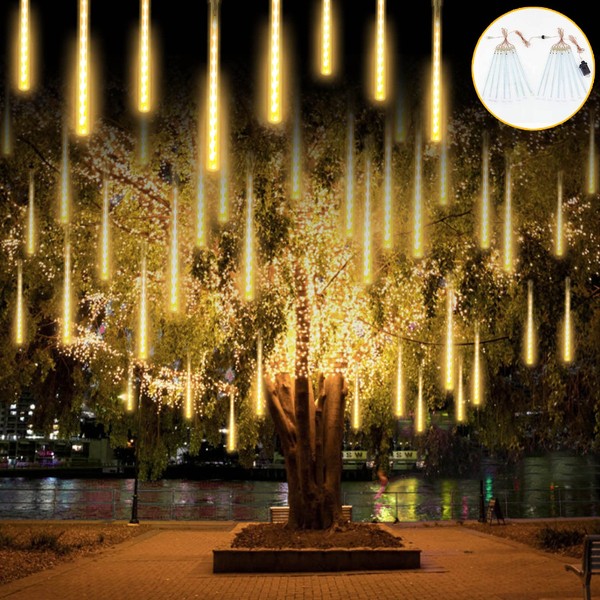 SANJICHA 2-Pack Extendable Meteor Shower Christmas Lights Outdoor, 16 Tubes 384 LEDs Outdoor Tree Lights for Christmas Decorations Outdoor Yard Decor Garden Patio Holiday (Warm White)