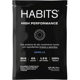 HABITS BY NOT A FANCY KITCHEN High Performance Proteína Vegana en Polvo en Sobres 15 Sobres de 38.5 g c/u Sabor Vainilla 30 g de Proteína Vegetal Por Porción KETO Friendly Libre de Gluten Sin Azúcares Añadidos 6 g de BCAAs 1.5 g Carbs No GMO