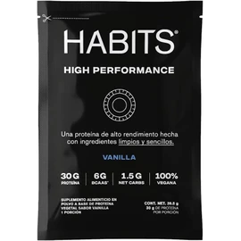 HABITS BY NOT A FANCY KITCHEN High Performance Proteína Vegana en Polvo en Sobres 15 Sobres de 38.5 g c/u Sabor Vainilla 30 g de Proteína Vegetal Por Porción KETO Friendly Libre de Gluten Sin Azúcares Añadidos 6 g de BCAAs 1.5 g Carbs No GMO