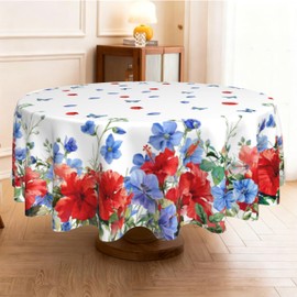 Xumuyin July 4th Round Tablecloth 60 Inch Watercolor Flowers Memorial Day Patriotic Table Cloth Waterproof Heat Resistant Reusab Independence Day Decorations for Holiday Kitchen Dinning Party Decor