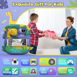 Children's Camera Instant Camera, CAMCLID 2.4 Inch Digital Camera, Children's Dinosaur Instant Camera with 32G Card and 3 Rolls of Printing Paper, Gifts for Boys and Girls 3-12 Years (Purple)