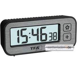 TFA Dostmann Mini Digital Alarm Clock with Temperature and Humidity Switch, 60.2039.10, with Maximum and Lowest Values, with Alarm and Quartz Clock, Travel Alarm Clock, Small, Non-Ticking (Grey with