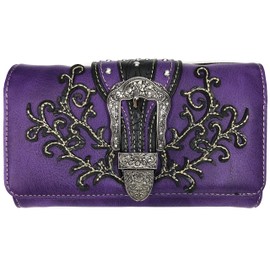 Zelris Western Country Floral Buckle Crossbody Trifold Fold Wallet (Purple)