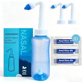 Deepdeem Neti Pot - Enjuague sinusal, botella ergonómica sin BPA, 10.1 fl oz con 2 boquillas de lavado nasal especializadas con diferentes presiones p