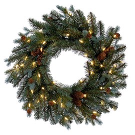 Vickerman 24" Blue Spruce Pine Cone Artificial Pre-Lit Wreath, Warm White LED Lights.