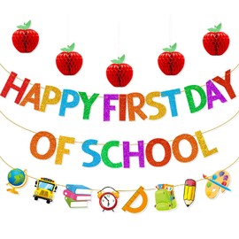 Happy First Day of School Banner – Pre-Strung Glitter Back to School Decorations, Welcome Back to School Garland with Red Apple Honeycomb Balls for Classroom Office Home Party Decor