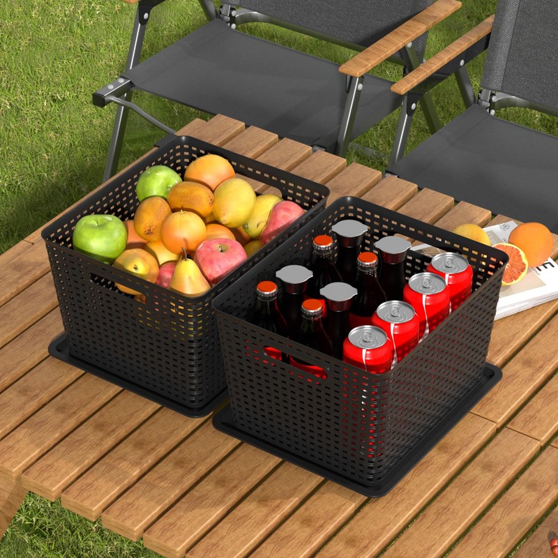 Innouse Plastic Organizing Baskets with Lids, Black Woven Storage Baskets,