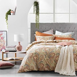 Eikei Boho Paisley Print Luxury Duvet Quilt Cover and Shams 3pc Bedding Set Bohemian Damask Medallion 350TC Egyptian Cotton Sateen (Queen, Rust)