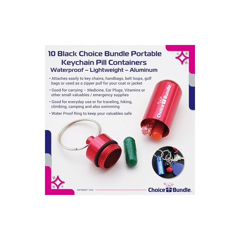 ChoiceBundle “Pill Buddy” Keychain Pill Container - Black - 10