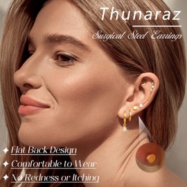 Thunaraz Hypoallergenic Flat Back Earrings for Women 14K Gold Surgical Steel Stud Hoop Earrings for Sensitive Ears Stainless Steel Earrings Gold Flatback Stud Cartilage Earring Set Gold