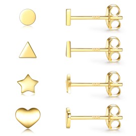 Women's Earrings 925 Silver, 4 Pairs Small Stud Earrings Set for Men and Women, Circle Square Triangle Bar Earrings, Gold Silver 925 Set, Jewellery Gift, Silver