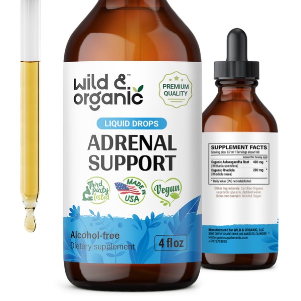 Adrenal Health Daily Support - Natural Adrenal Strength Supplement for Women & Men - Adrenal Liquid Drops Complex with Organic Rhodiola & Ashwagandha Root - Vegan Tincture - 4 Fl. Oz.