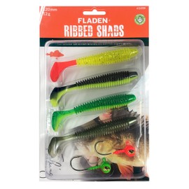 FLADEN Fishing - 4 x SOFT LURE RIBBED SHADS Assortment Imitation Bait Fish for Predatory Fishing - Comes with 2 Non-Toxic Jig Heads (Pack 2, 4 x 12cm / 12g Size 5/0 jigs) [20-67004]