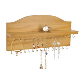 MYARTREE Jewelry Organizer with 30 Hooks, Wood Wall-Mounted Display Holder with Shelf, Storage for Necklaces, Earrings, Bracelets, and Accessories (15.7x3.5x 7.4 inches, Natural)