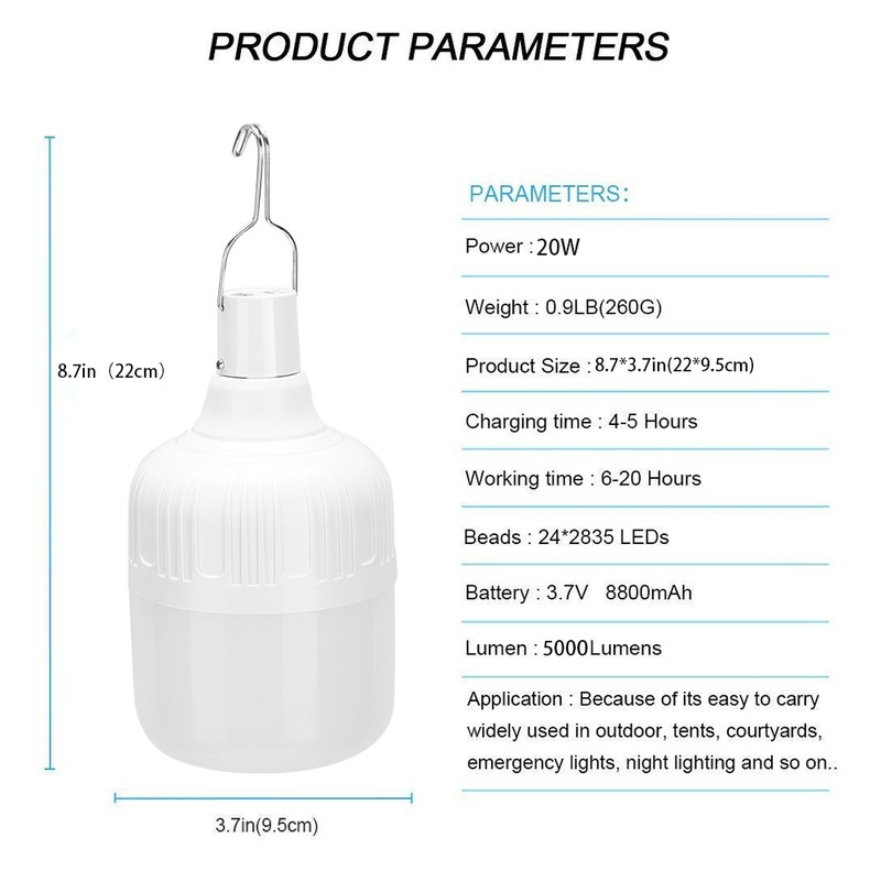 Outdoor LED 5000lm Camping Light USB Charging Portable Hook Hanging