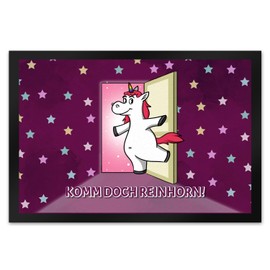 Door Mat XL in 40 x 60 cm with Unicorn Motif and Saying - Komm doch Reinhorn with Cute Unicorn as Decoration for the Children's Room of a Girl Who Loves Pink, Stars and Colourful