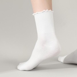 sevening White Ruffled Socks For Women - 6Pairs Frilly Curn-Cuff Lettuce Edge Ankle Socks， Breathable Casual Cute Crew Socks