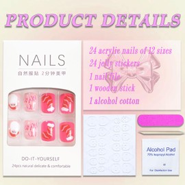 Christmas Gingerbread Man Santa Claus Glossy Pink Full Cover False Nails with Designs - Short Square Winter Acrylic Artificial Nails for Women Girls