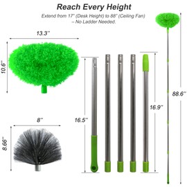 Extendable Duster with Cleaning Brushes Set, 17-88 Inch Telescopic Handle, Microfiber Head for Ceiling Fan, AC, Door, Wall,Green