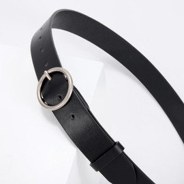 XZQTIVE Women Leather Belt with Circle Silver Buckle Fashion Ladies Waist Belt for Jeans Pants Dresses，Black