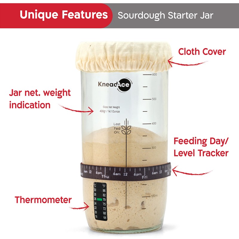 KNEADACE Sourdough Starter Jar With Date Marked Feeding Band, Thermometer,