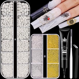 Flatback Pearls (White) and Metal Nail Beads (Silver+Gold) with Rhinestones Glue Gel for Nail Art, Pearl Nail Charms and Round Caviar Beads Nail Accessories for Acrylic Nail Tips Manicure Decor