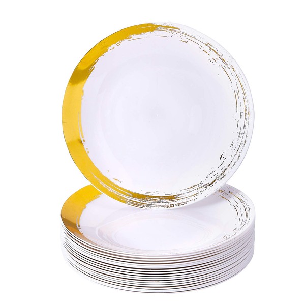 DISPOSABLE SIDE PLATES | 40 pc | Heavy Duty Plastic Dishes | Elegant Fine China Look | Brushed – Gold 7.5”