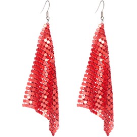 Suyi Trendy Women Earrings Metal Mesh Grid Sequins Tassel Long Drop Dangle Earrings Red