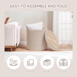 PINPLUS Round Storage Ottoman Foot Rest Stool with Tray Velvet Sherpa Folding Storage Ottoman,Boucle Foot Rest for Living Room, Bedroom, Dorm,Beige Color