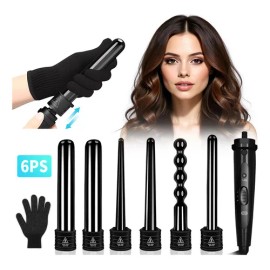 Rizador de Cabello 6 en 1, CIICII Pinzas Rizadoras con Guantes, Rizador de Pelo de Cerámica Ajustable con Peines y Clips Juego de varillas de rizador de pelo con LED de Temperatura Ajustable