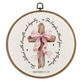 MAQIKA Christian Coquette Proverbs 31:25 Framed Wall Art Decor, Christian Wall Art, Bible Round Wall Hanging Decor, Pink Bow Inspirational Canvas Prints Wall Art for Office Living Room, 10x10 Inch