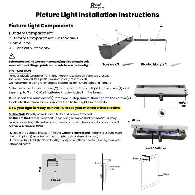 Royal Designs, Inc. Cordless Remote Control LED Picture Light, Dimmable