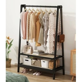 O5ceanLuxe Bamboo Clothes Rack,Garment Rack with Double Shelves,Freestanding Portable Clothes Rack for Hanging Clothes,Coat Rack 37.4" Wx15 Dx60.6 H (Black)