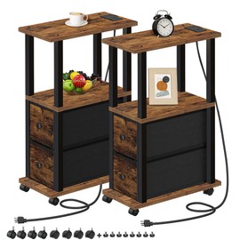 TUTOTAK Small Narrow End Tables, Side Tables with 2 Fabric Drawers, Set of 2, Bedside Tables with Charging Station for Small Spaces, Slim Nightstands with USB Ports and Wheels, TB01BB053C