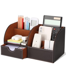 GORESE Multifunctional Desk Organiser - 7 Storage Compartments PU Leather Table for Pens, Business Cards, Phone, Remote Control and Other Items (Brown)