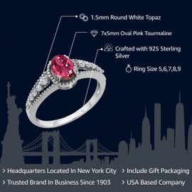 Gem Stone King 925 Sterling Silver Pink Tourmaline and White Topaz Engagement Ring For Women (0.91 Cttw, Oval 7X5MM, Gemstone Birthstone, Available In Size 5, 6, 7, 8, 9)