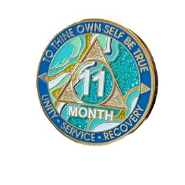 11 Month AA Medallion Elegant Marble Caribbean Aqua Glitter Sobriety Chip